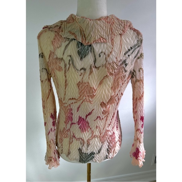 Komarov Blush Pink Crinkle Pleated Blouse Velvet Floral Burnout Plaque Romantic - Picture 3 of 16